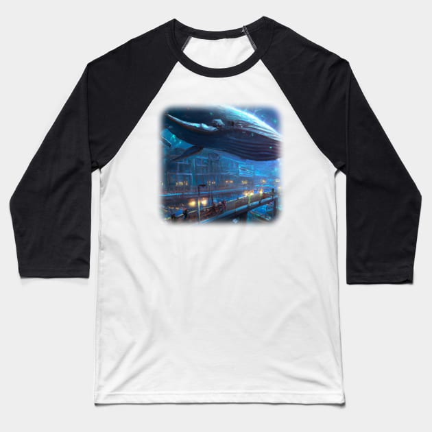 Whale floating in the city Baseball T-Shirt by Perryfranken
